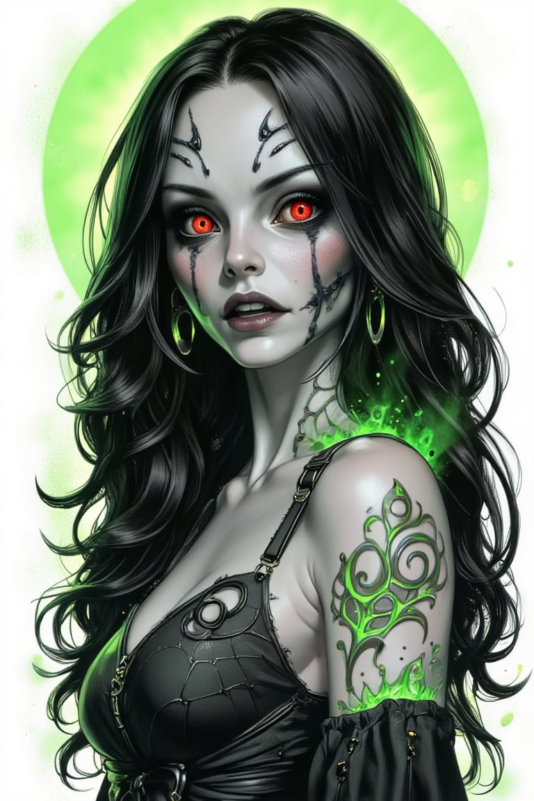 tattoo designe sipmle art.A stylized, eerie female character with pale, stitched skin, red glowing eyes, and long, black hair with green highlights. Her face has stitched scars, and her mouth is slightly open, showing sharp teeth. She wears a dark, gothic outfit with cobweb-like details, and her expression is haunting yet intriguing. The overall tone is dark, mysterious, and a bit creepy, with a combination of anime and sketch art style. The background should be minimal to keep the focus on the character.,monster