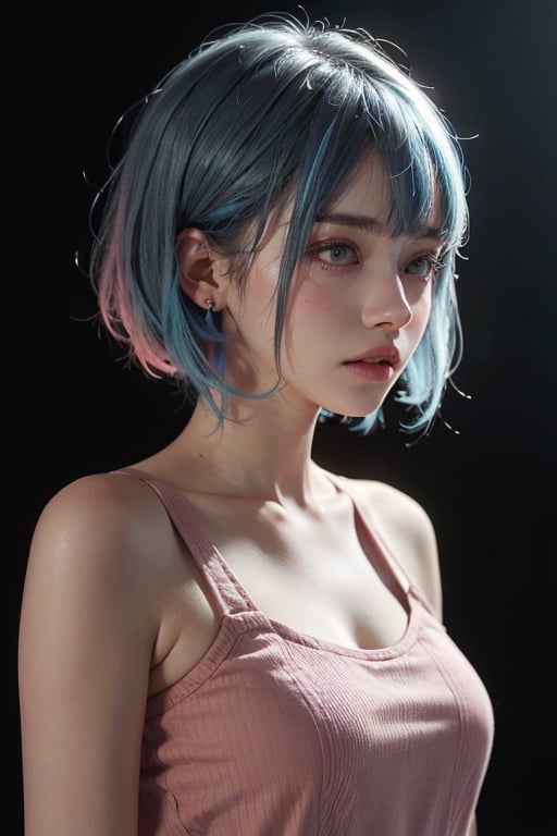 a 20 yo woman, long bobcut BLUE HAIR PINK HIGHLIGHTS, (hi-top fade:1.3), dark theme, soothing tones, muted colors, high contrast, (natural skin texture, hyperrealism, soft light, sharp)