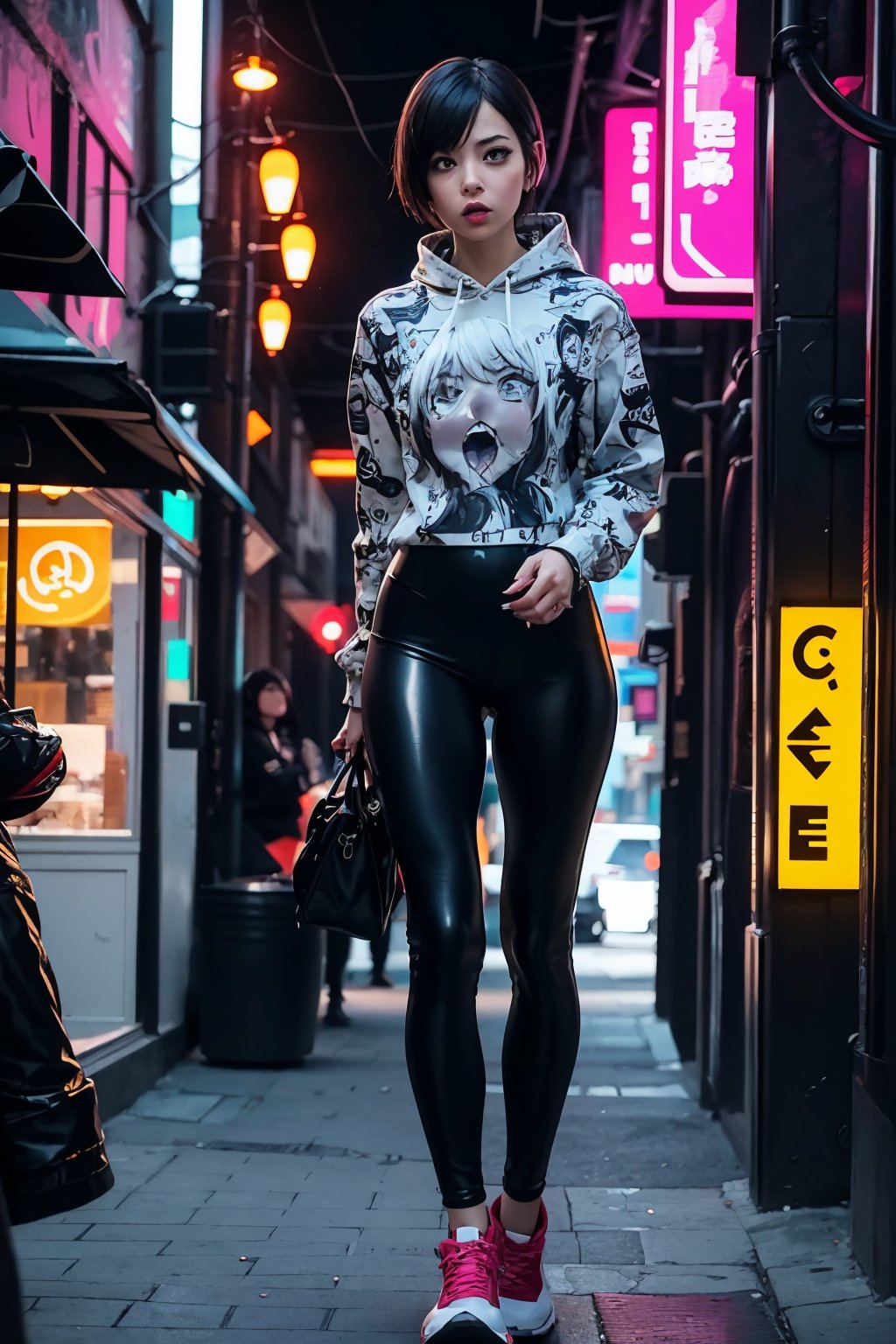 edgNoire,upper fish lens body shot,female, woman wearing black bomberjack, sleek designer bodysuit, (cyber leggings:1.1) ,cyberpunk scene, front frowning ,yorha no. 2 type b,weiboZH,ahegao hoodie