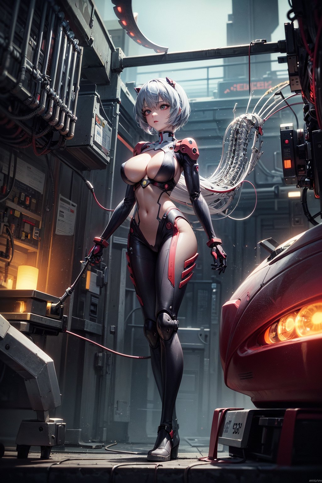 Rei Ayanami and Asuka Langley, surreal, cinematic effect 8k, hyperdetailed painting, luminism, concept art,fractal isometrics details bioluminescence , 3d render, octane render,intricately detailed,cinematic, trending on artstation Isometric Centered hyperrealistic cover photo awesome full color, gritty, realistic mucha, hit definition,cinematic, ethereal background,full body, (2 mechanical girl:1.5),(transparent surfaces and skins:1.5),(many mechanical gears and electronic components inside the body:1.4),(mechanical vertebra and cervial:1.3),solo,expressionless,(wires and cables from spine to arms:1.4),(mechanical arms of surgical machine around:1.2),(Circuit boards:1.4),(character focus:1.3),science fiction, ((big breasts:1.4)),((mechanical exoskeleton)),Mecha,metal bra,metal thong, metal electrical facility background,