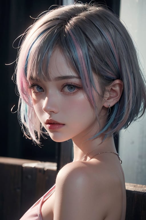 a 20 yo woman, long bobcut BLUE HAIR PINK HIGHLIGHTS, (hi-top fade:1.3), dark theme, soothing tones, muted colors, high contrast, (natural skin texture, hyperrealism, soft light, sharp)