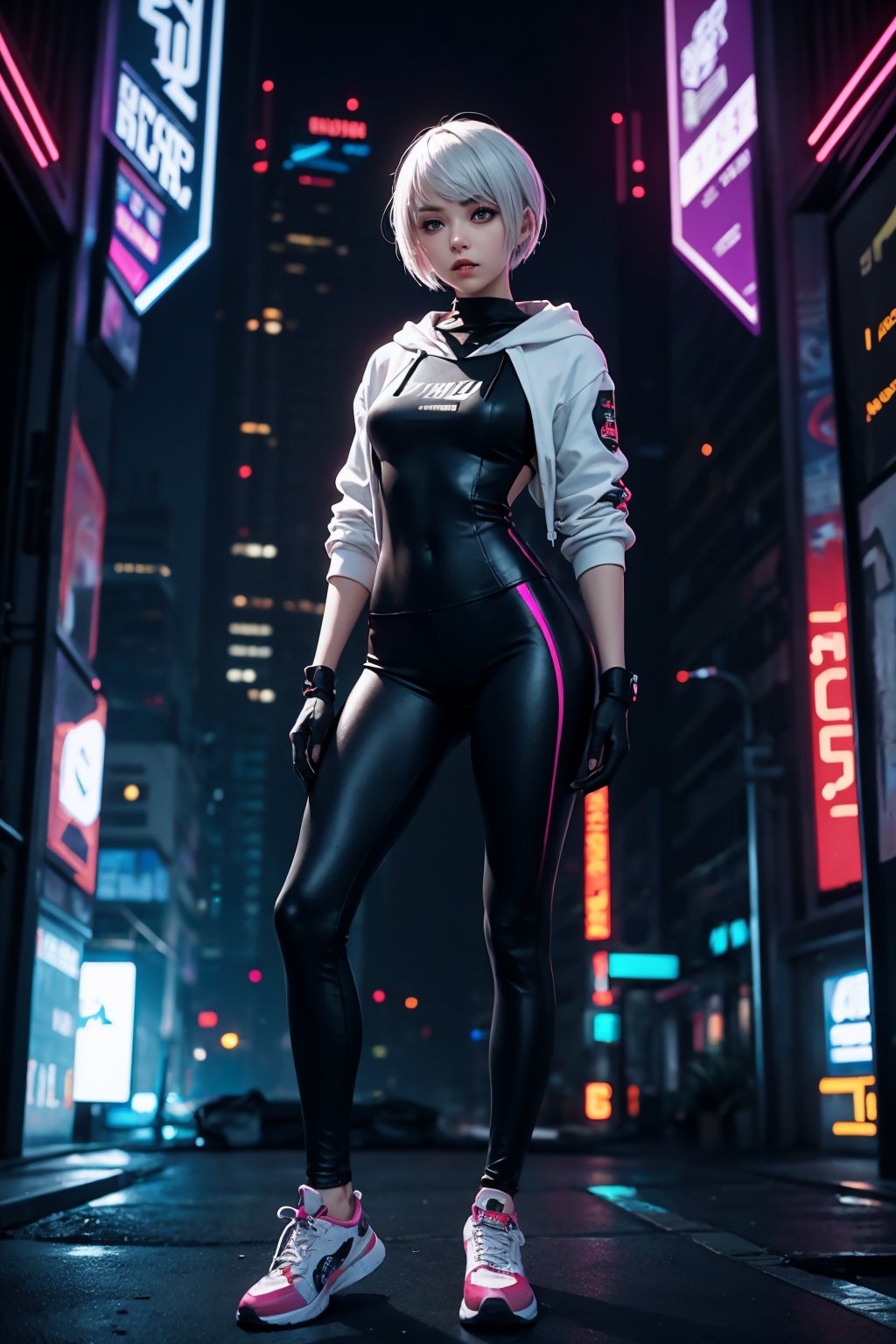 edgNoire,upper body shot,female, woman wearing casual hoodie with logos, sleek designer bodysuit, (cyber leggings:1.1) ,cyberpunk scene ,yorha no. 2 type b