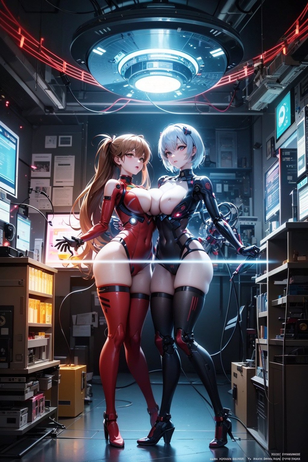 Rei Ayanami and Asuka Langley, surreal, cinematic effect 8k, hyperdetailed painting, luminism, concept art,fractal isometrics details bioluminescence , 3d render, octane render,intricately detailed,cinematic, trending on artstation Isometric Centered hyperrealistic cover photo awesome full color, gritty, realistic mucha, hit definition,cinematic, ethereal background,full body, (1 mechanical girl:1.5),(transparent surfaces and skins:1.5),(many mechanical gears and electronic components inside the body:1.4),(mechanical vertebra and cervial:1.3),solo,expressionless,(wires and cables from spine to arms:1.4),(mechanical arms of surgical machine around:1.2),(Circuit boards:1.4),(character focus:1.3),science fiction, ((big breasts:1.4)),((mechanical exoskeleton)),Mecha,metal bra,metal thong, metal electrical facility background