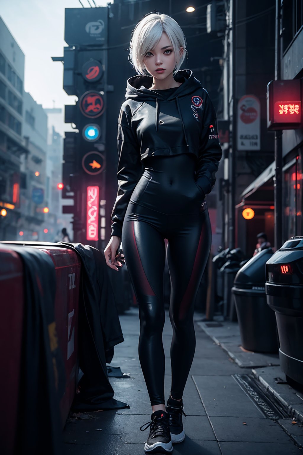 edgNoire,upper body shot,female, woman wearing casual hoodie with logos, sleek designer bodysuit, (cyber leggings:1.1) ,cyberpunk scene ,yorha no. 2 type b