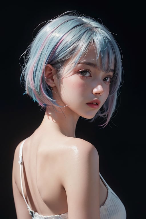 a 20 yo woman, long bobcut BLUE HAIR PINK HIGHLIGHTS, (hi-top fade:1.3), dark theme, soothing tones, muted colors, high contrast, (natural skin texture, hyperrealism, soft light, sharp)