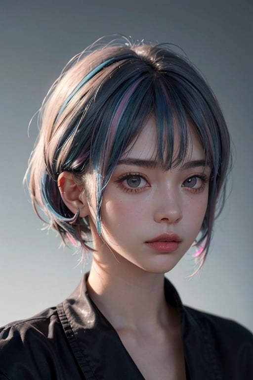 a 20 yo woman, long bobcut BLUE HAIR PINK HIGHLIGHTS, (hi-top fade:1.3), dark theme, soothing tones, muted colors, high contrast, (natural skin texture, hyperrealism, soft light, sharp)