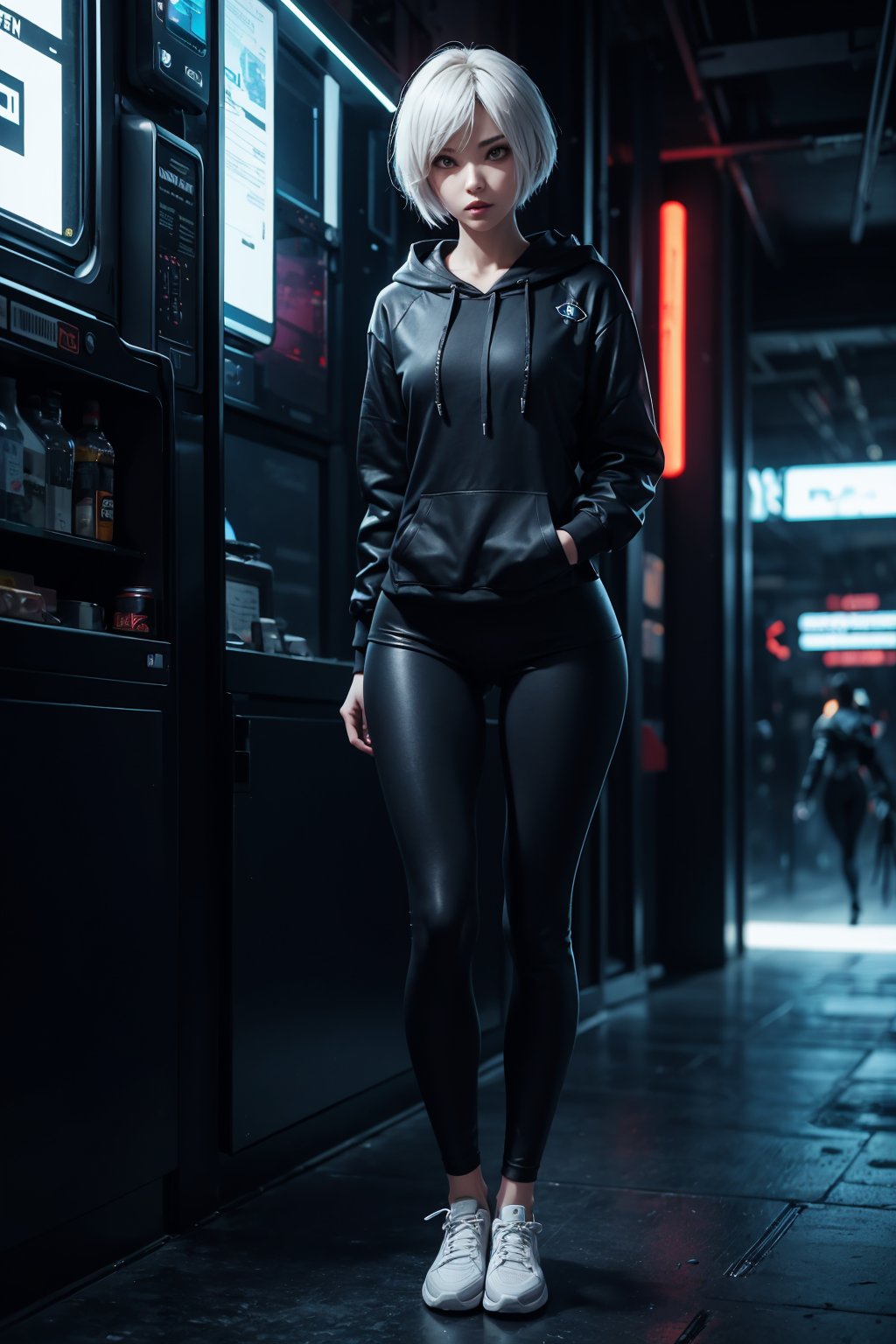 edgNoire,upper body shot,female, woman wearing casual hoodie with logos, sleek designer bodysuit, (cyber leggings:1.1) ,cyberpunk scene ,yorha no. 2 type b