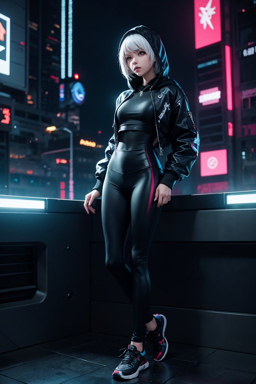 edgNoire,upper body shot,female, woman wearing casual hoodie with logos, sleek designer bodysuit, (cyber leggings:1.1) ,cyberpunk scene ,yorha no. 2 type b