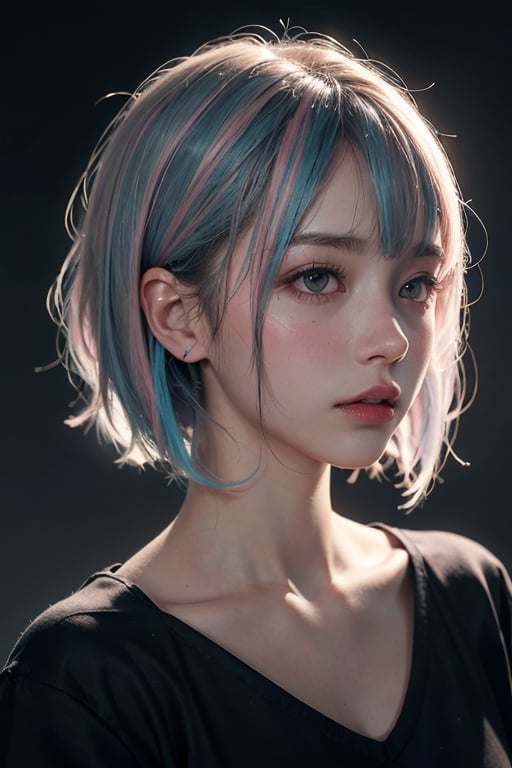 a 20 yo woman, long bobcut BLUE HAIR PINK HIGHLIGHTS, (hi-top fade:1.3), dark theme, soothing tones, muted colors, high contrast, (natural skin texture, hyperrealism, soft light, sharp)