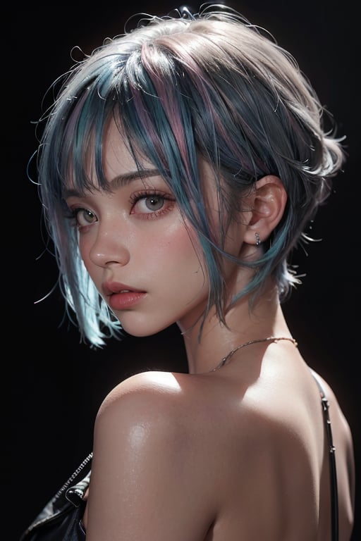 a 20 yo woman, long bobcut BLUE HAIR PINK HIGHLIGHTS, (hi-top fade:1.3), dark theme, soothing tones, muted colors, high contrast, (natural skin texture, hyperrealism, soft light, sharp)