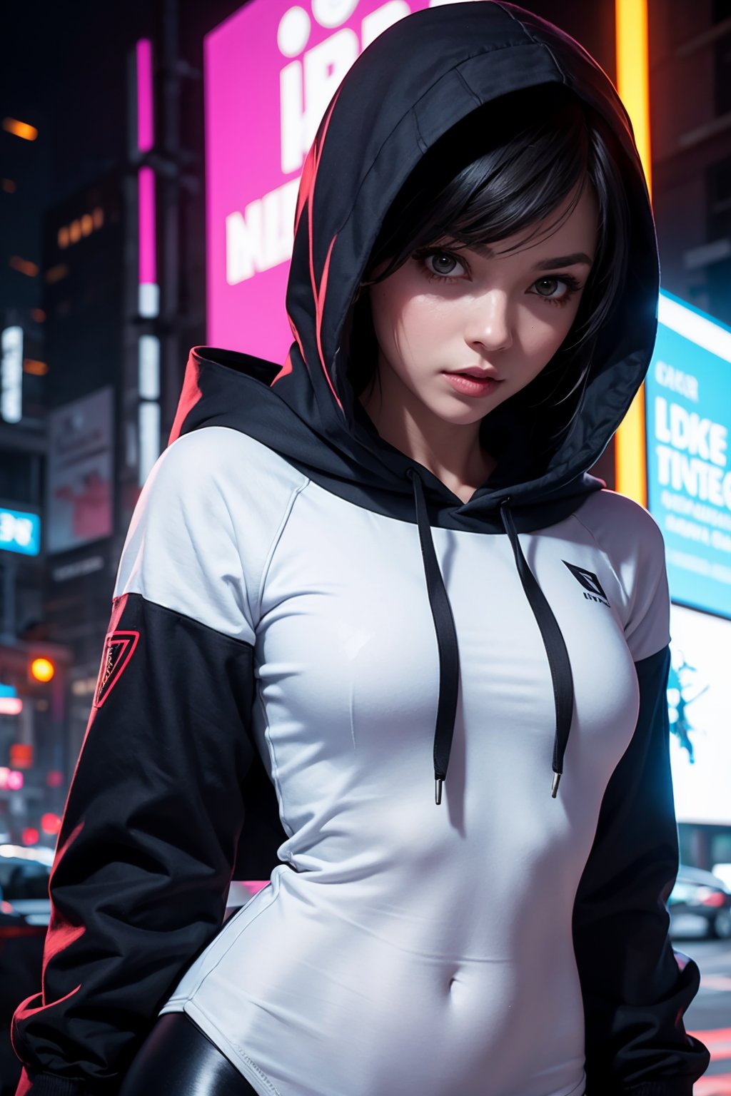 edgNoire,upper body shot,female, woman wearing casual hoodie with logos, sleek designer bodysuit, (cyber leggings:1.1) ,cyberpunk scene ,yorha no. 2 type b