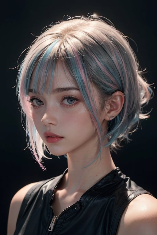 a 20 yo woman, long bobcut BLUE HAIR PINK HIGHLIGHTS, (hi-top fade:1.3), dark theme, soothing tones, muted colors, high contrast, (natural skin texture, hyperrealism, soft light, sharp)