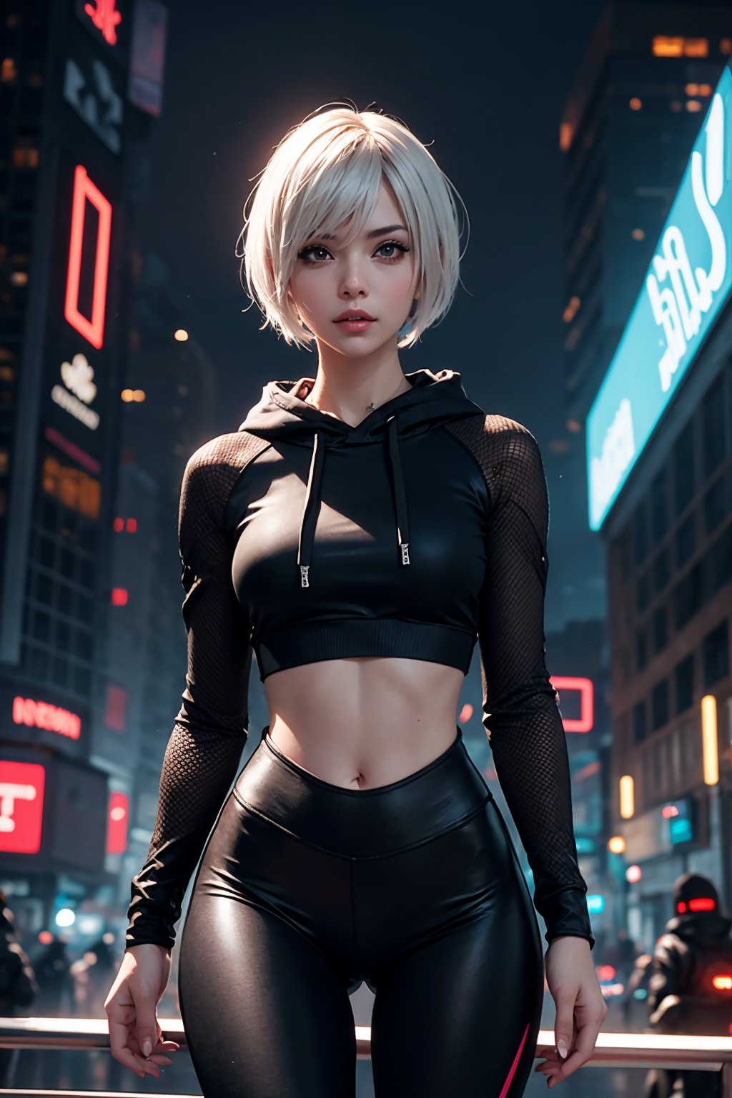 edgNoire,upper body shot,female, woman wearing casual hoodie with logos, sleek designer bodysuit, (cyber leggings:1.1) ,cyberpunk scene ,yorha no. 2 type b