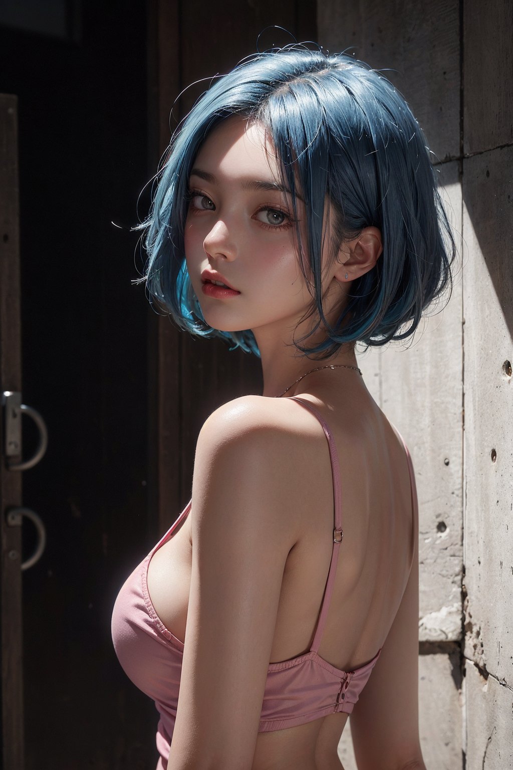 a 16 yo woman, long bobcut BLUE HAIR PINK HIGHLIGHTS, (hi-top fade:1.3), big breasts, big ass, dark theme, soothing tones, muted colors, high contrast, (natural skin texture, hyperrealism, soft light, sharp)