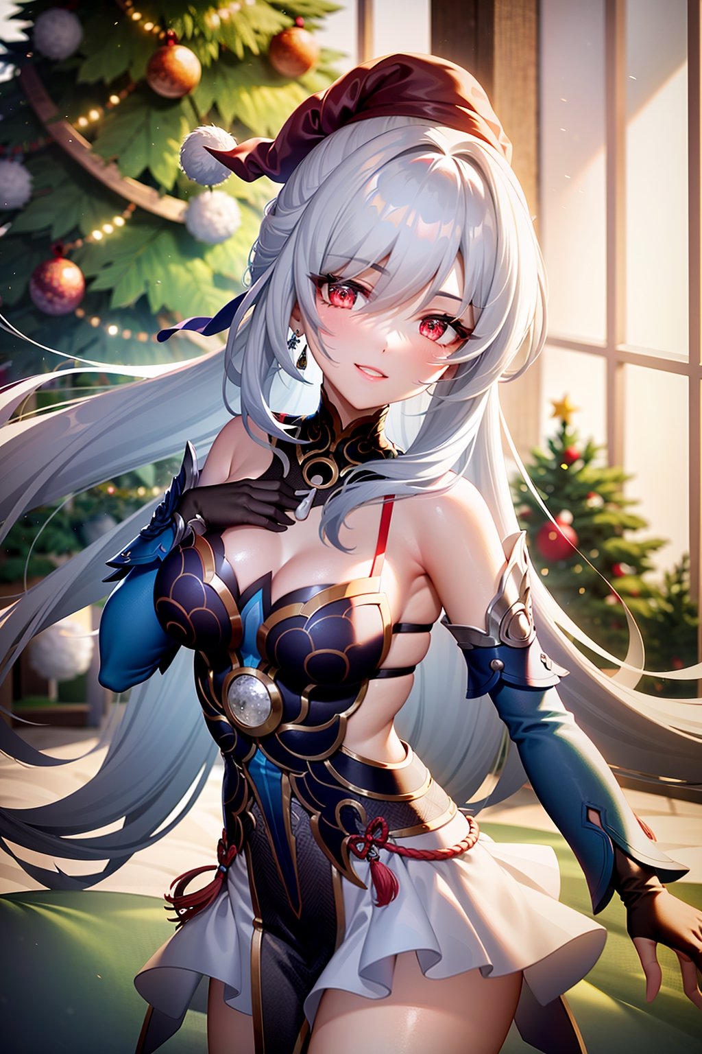 night,christmas room,Christmas slider,nice hands,((santa hat)),christmas tree,smile,room
BREAK,
,perfect,hand,fingers,1girl, bare shoulders, black gloves, blue sleeves, detached sleeves, earrings, gloves, high ponytail, jewelry, long hair, red eyes, single earring, white hair, white skirt,medium breast,JingliuV5