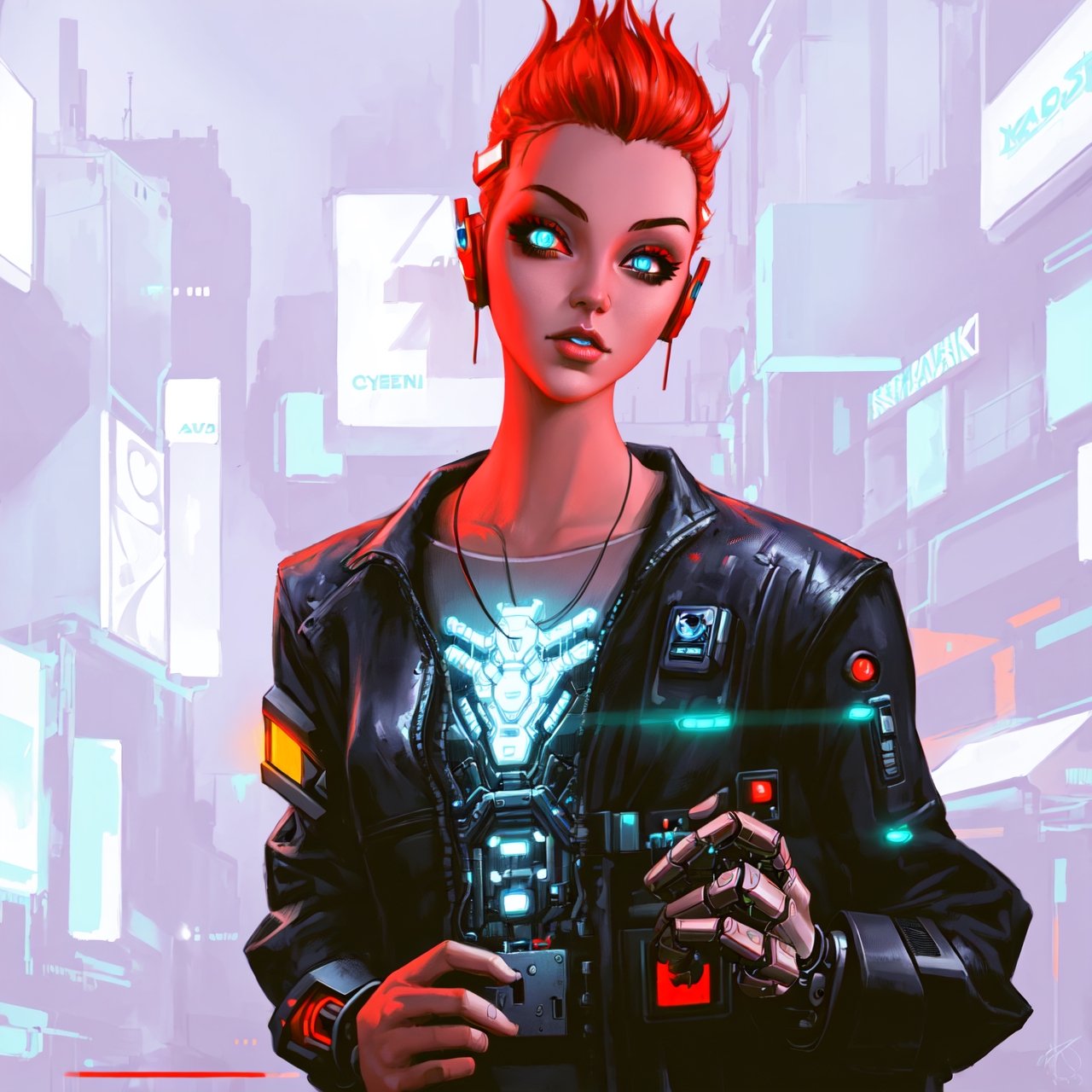 cyberpunk_char value, futuristic cyberpunk character, digital painting, intricate cybernetic enhancements, neon-lit urban cityscape background, vibrant and electric color palette, avoid excessive realism.