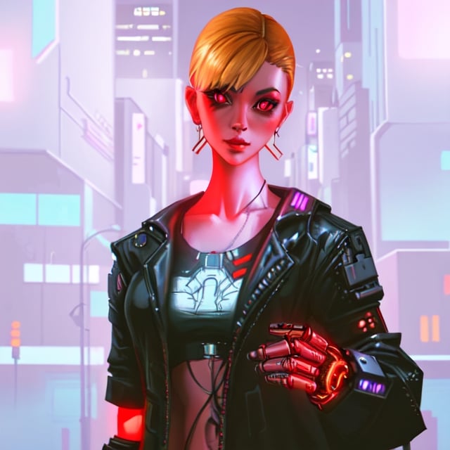 cyberpunk_char value, futuristic cyberpunk character, digital painting, intricate cybernetic enhancements, neon-lit urban cityscape background, vibrant and electric color palette, avoid excessive realism.