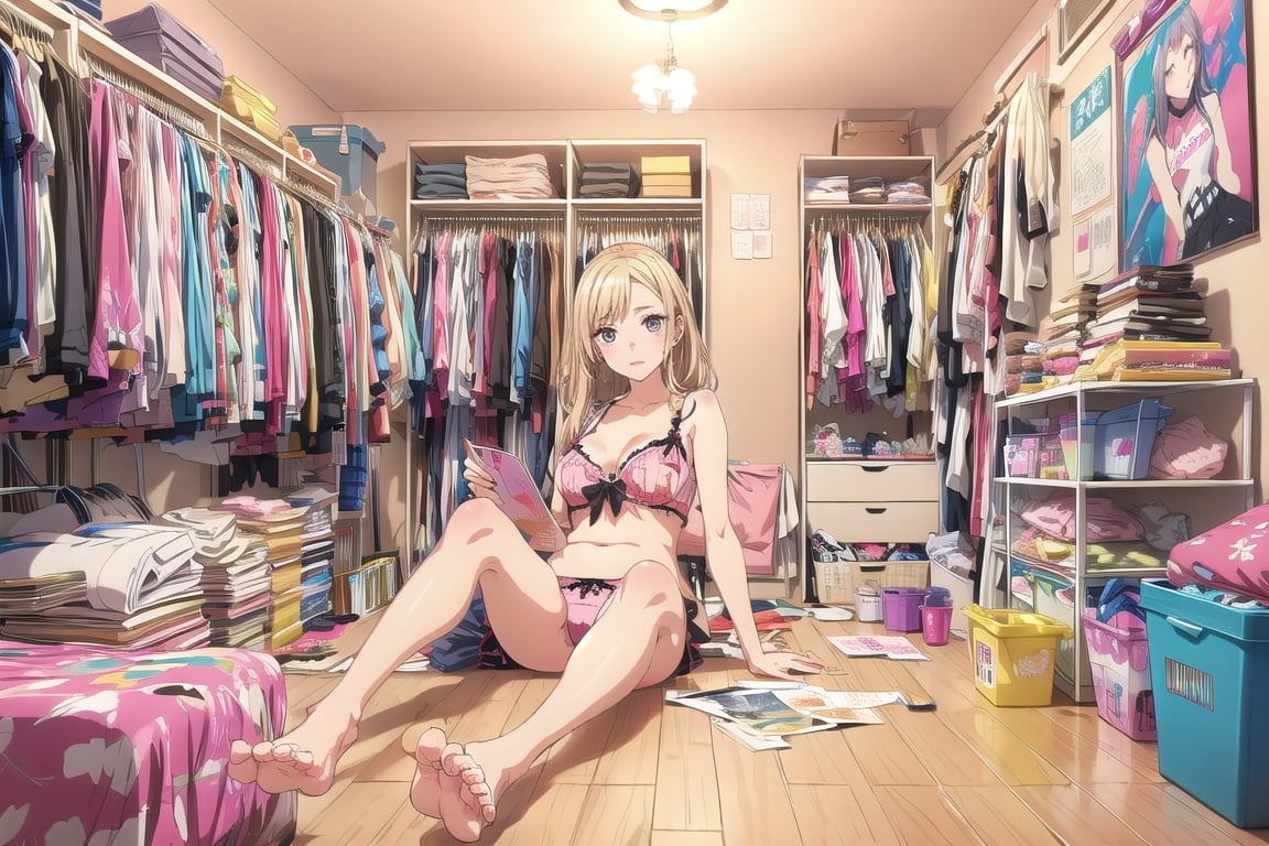 masterpiece, detailed eyes, slim body, detailed image, highly detailed, 1girl, gyaru,wide_hip, narrow_waist, blonde, long_hair,indoor, pajama, kitagawa marin sb, bedroom, sitting, (Underwear_thrown_away), desk, closet, bed, magazine, snack, Miscellaneous things, note, lingeries, mirror, posters, Masturbation_devices, condoms, cosmetics, bare_foot, skateboard, bromide, calendar,kitagawa marin sb,realhands