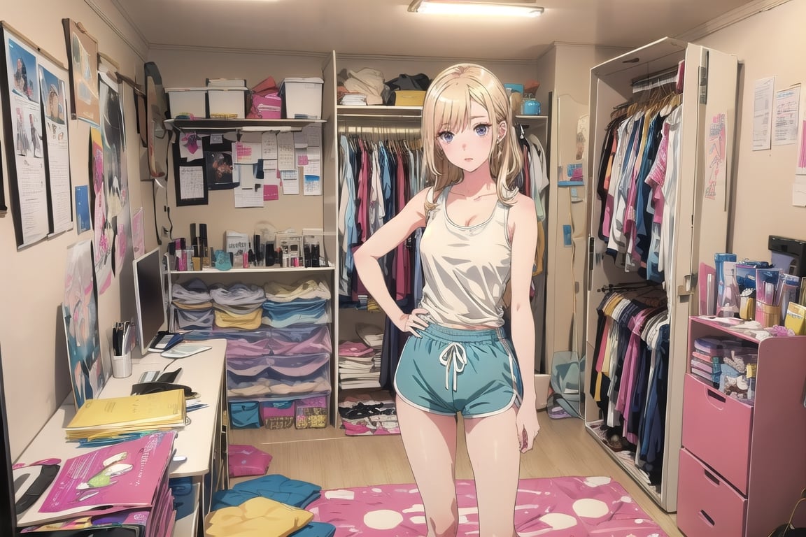 masterpiece, detailed eyes, slim body, detailed image, highly detailed, 1girl, gyaru,wide_hip, narrow_waist, blonde, long_hair,indoor, dolphin shorts, tank_top, kitagawa marin sb, bedroom, (Underwear_thrown_away), desk, closet, bed, magazine, snack, Miscellaneous things, note, lingeries, mirror, posters, (masturbation), condoms, cosmetics, bare_foot, skateboard, bromide, calendar