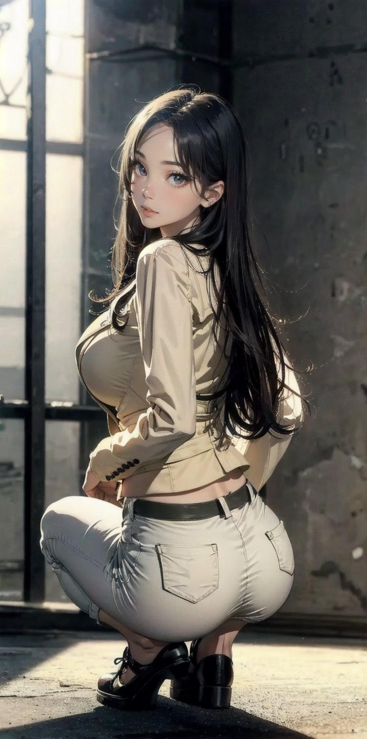 masterpiece, photographic, super realistic, masterpiece, 4K, HDR,  1_korean_girl, natural_skin, (((full_body))), natural_lighting, blank_background, blazer, long_hair,  hotpants,blurry_light_background, medium_breasts, shaggy_breasts, wide_hip, karinalorashy,ass, underbutt, squat