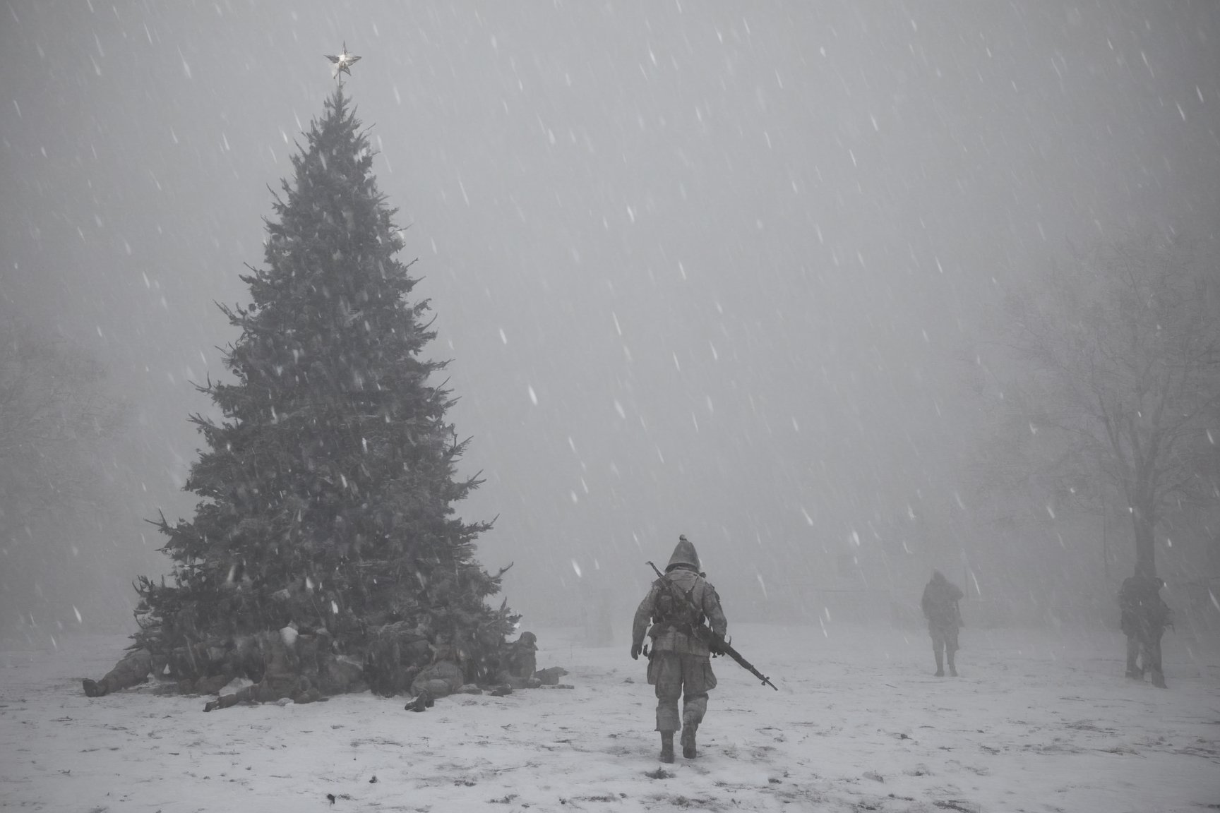 Christmas on the battlefield, christmas, snow, falling_snow, christmas_tree, army,silent hill style