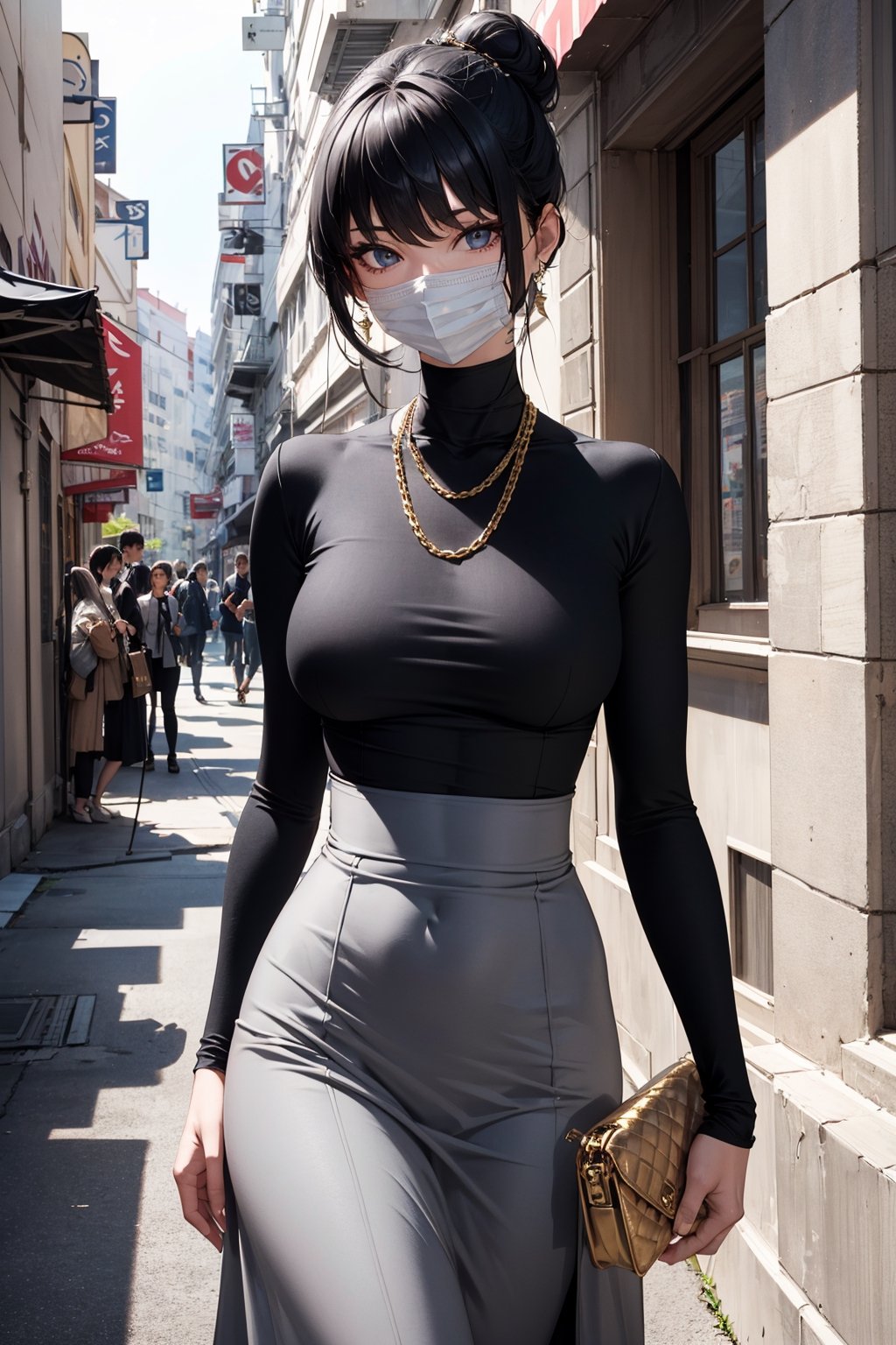 black hair, detailed eyes, slim body, detailed image, highly detailed, 1girl, ((gray_long_dress)), tight_clothes, (white_mask), long_sleeves, wide_hip, narrow_waist, hair_buns, street, chanel bag, gold_jewelry