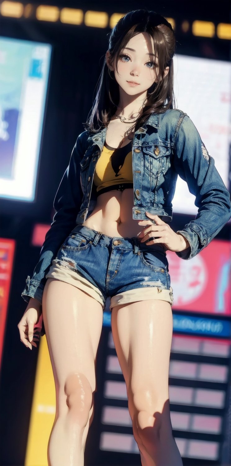 masterpiece, photographic, super realistic, masterpiece, 4K, HDR,  1_korean_girl, natural_skin, (((full_body))), natural_lighting, blank_background, twmomo, denim_jacket, hotpants,blurry_light_background,hourglass body shape, nice leg line, wide_hip, cleavage,twmina,tzuyulorashy