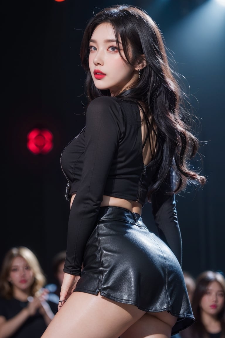 highres, highest quality, illustration, ultra detailed, (detailed face), (detailed eyes), cinematic lighting, best quality, hyper detailed, masterpiece, 1_girl, black_clothes, mini_skirt,on_stage, thighs, wide_hip,Joy, wavy_hair, heavy_makeup, from_behind, from_below, under_buut