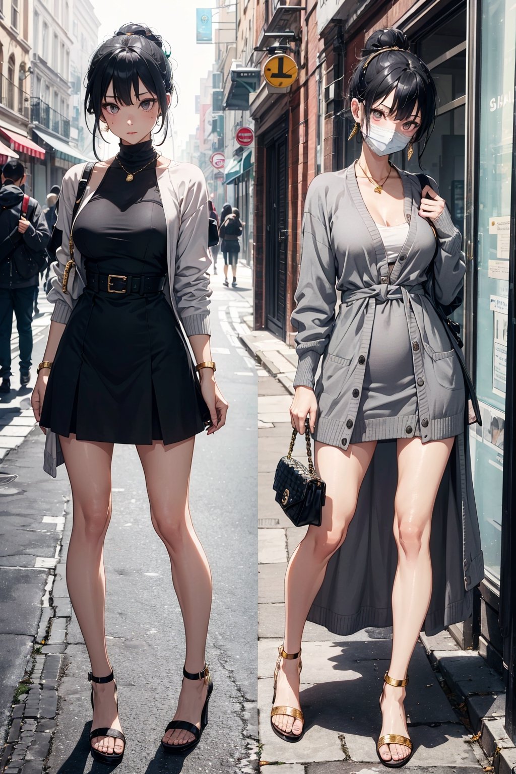 detailed eyes, slim body, detailed image, highly detailed, 1girl, ((gray_long_dress)), (tight_clothes), (white_mask), wide_hip, narrow_waist, (tiny_breasts), black hair, hair_buns, street, chanel bag, gold_jewelry, white_sandals, cardigan, pantie_line