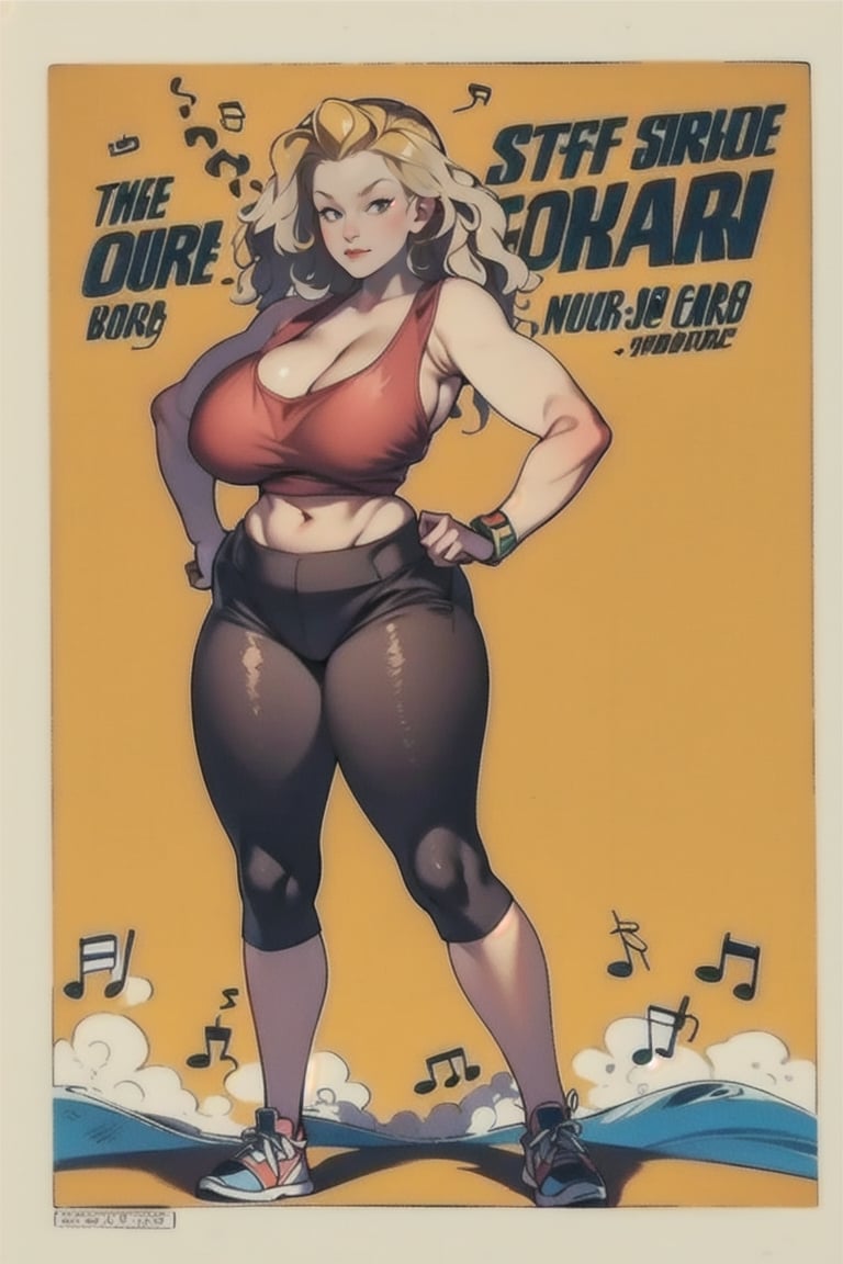 woman, boob, curvy_hips, ((wavy_blonde)), tank_top, short_pants, air jordan 1, cartoon, (Musical notes), skinny body, doberman, 1 page manga, from_below:1.3