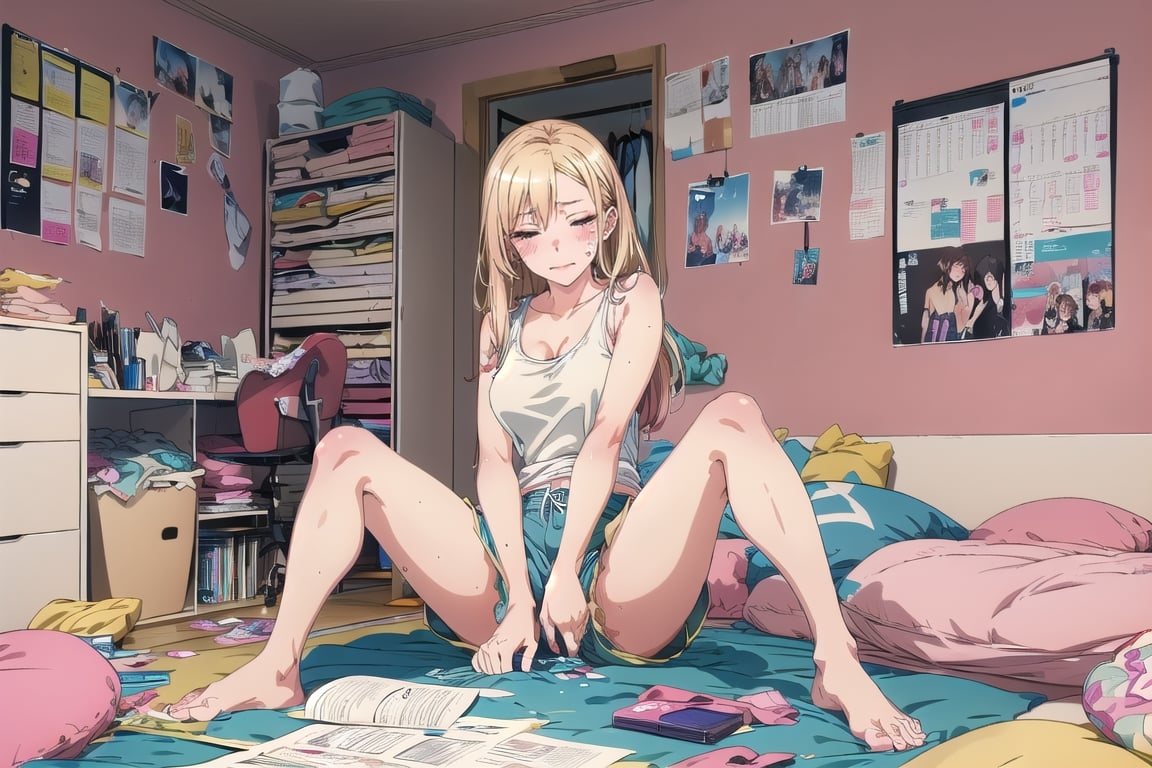 masterpiece, detailed eyes, slim body, detailed image, highly detailed, 1girl, gyaru,wide_hip, narrow_waist, blonde, sitting, long_hair,indoor, dolphin shorts, tank_top, kitagawa marin sb, bedroom, (Underwear_thrown_away), desk, closet, bed, magazine, snack, miscellaneous_things, note, lingeries, mirror, posters, condoms, cosmetics, bare_foot, bromide, calendar, pink_rotor, vibrator, (masturbation,spread_legs, hand_on_pussy), blushing, (closed_mouth, closed_eyes), (tissue, crumpled_tissue), (crotch_spot:1.2)