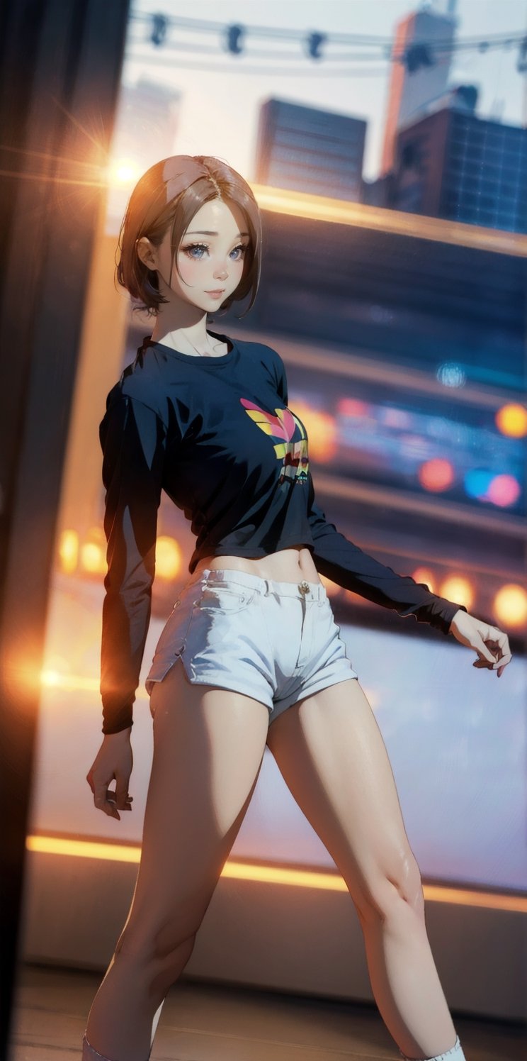 masterpiece, photographic, super realistic, masterpiece, 4K, HDR,  1_korean_girl, natural_skin, (((full_body))), natural_lighting, blank_background, white_T_shirts, hotpants,blurry_light_background,hourglass body shape, wide_hip, tzuyulorashy