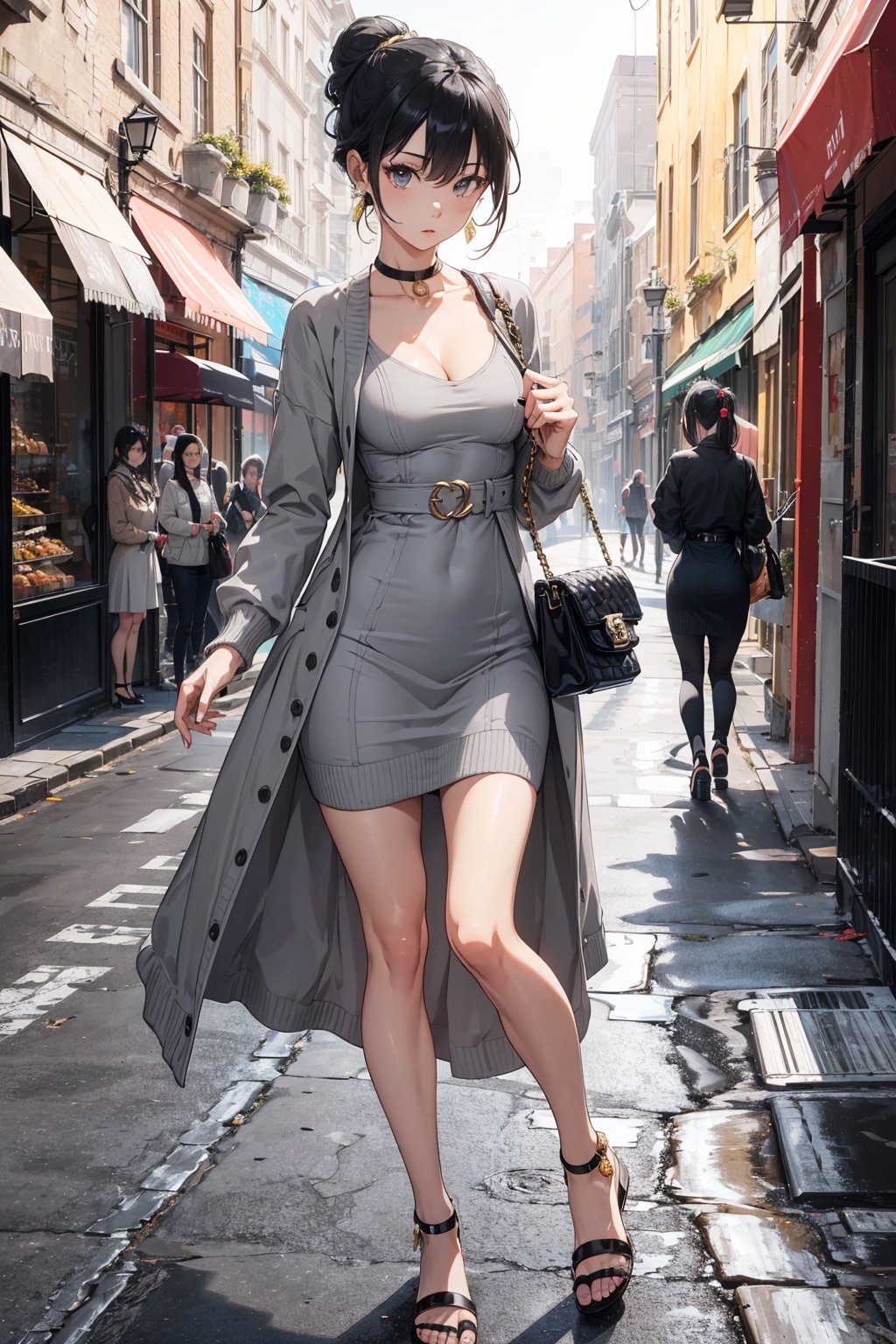 detailed eyes, slim body, detailed image, highly detailed, 1girl, ((gray_long_dress)), (tight_clothes), (white_mask), wide_hip, narrow_waist, (tiny_breasts), black hair, hair_buns, street, chanel bag, gold_jewelry, sandals, cardigan, pantie_line