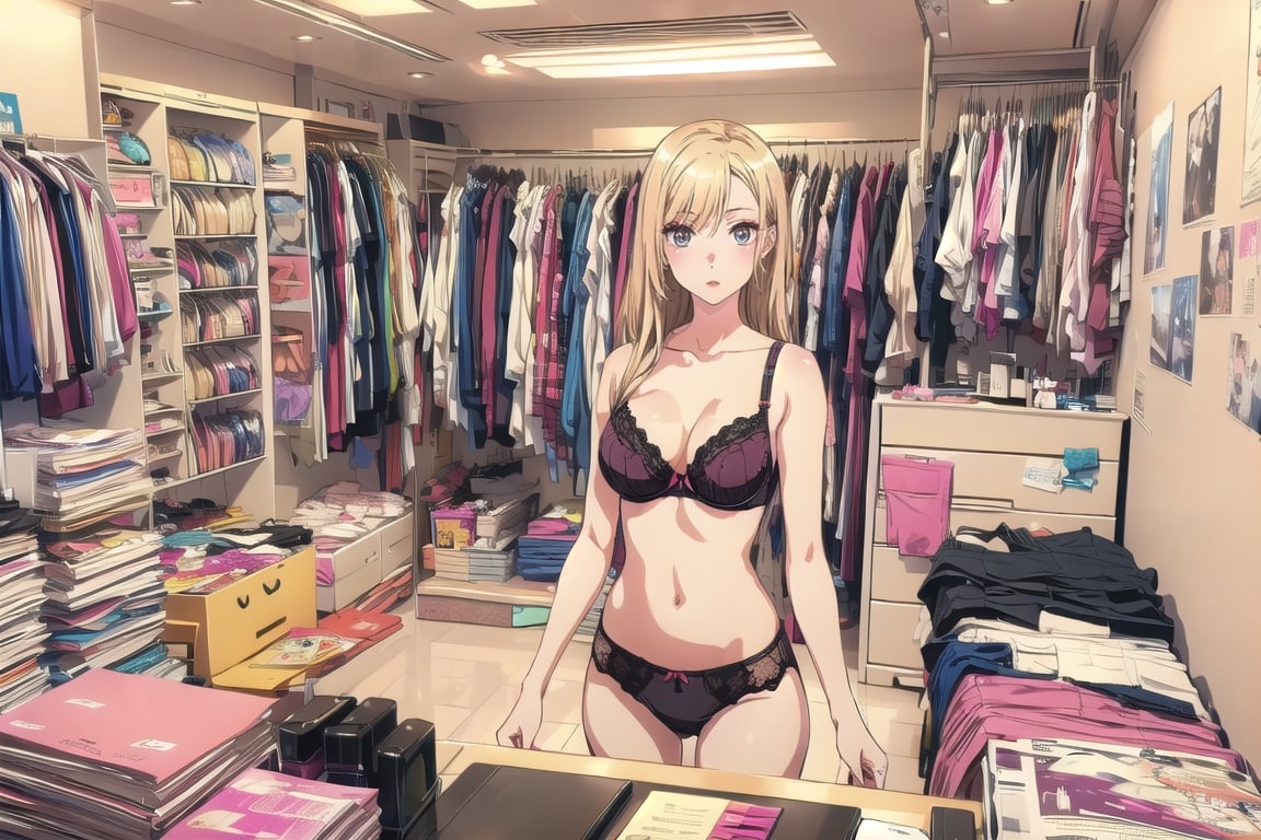 masterpiece, detailed eyes, slim body, detailed image, highly detailed, 1girl, wide_hip, narrow_waist, blonde, long_hair,indoor,  bra, pantie, kitagawa marin sb, bedroom, ((all_four)), (Underwear_thrown_away), desk, closet, bed, magazine, snack, Miscellaneous things, note, lingeries, mirror, posters, shopping bag, Masturbation devices, condoms, cosmetics