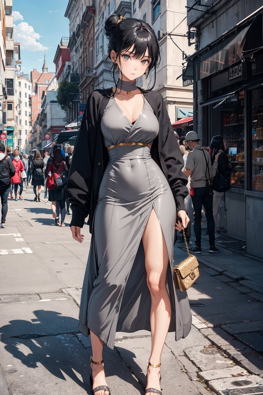 detailed eyes, slim body, detailed image, highly detailed, 1girl, ((gray_long_dress)), tight_clothes, (white_mask), wide_hip, narrow_waist, (tiny_breasts), black hair, hair_buns, street, chanel bag, gold_jewelry, air pod, sandals, cardigan