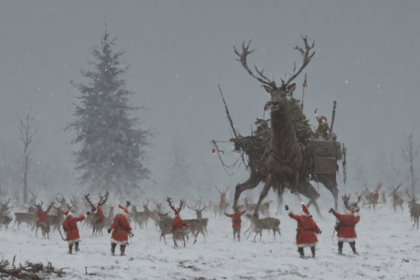 Christmas on the battlefield, christmas, snow, falling_snow, christmas_tree, santa army, reindeer creature, painting by jakub rozalski