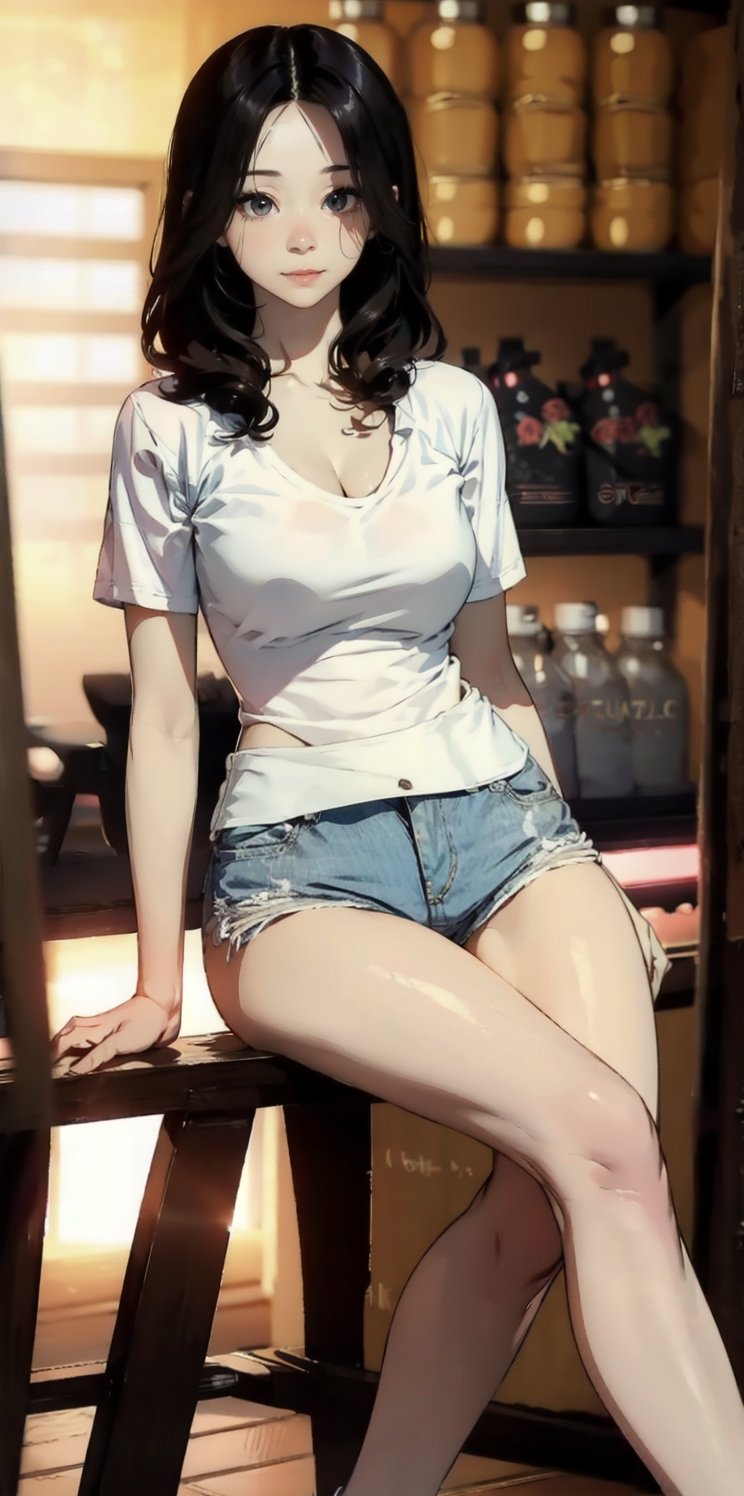 masterpiece, photographic, super realistic, masterpiece, 4K, HDR,  1_korean_girl, natural_skin, (((full_body))), natural_lighting, blank_background, white_T_shirts, hotpants,blurry_light_background,hourglass body shape, nice leg line, wide_hip, cleavage,tzuyulorashy