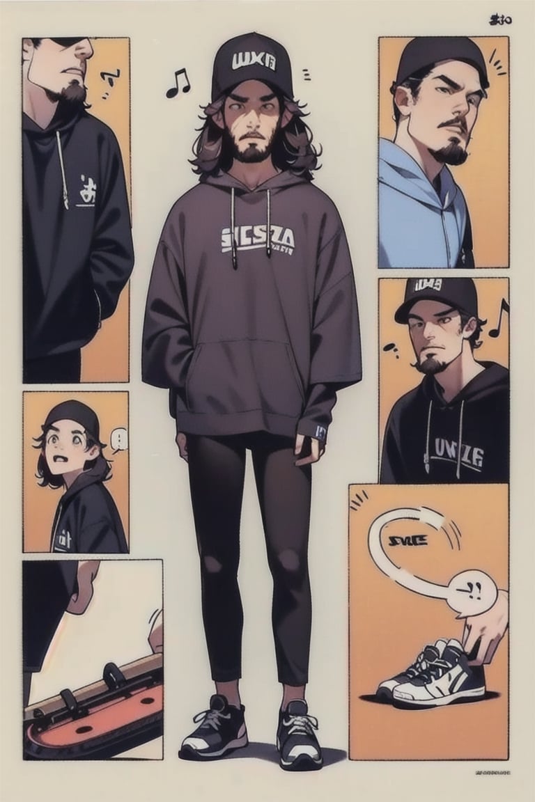 ((1man)), snapback, sunglasses, ((black_short_hair)), (short_beard), black_hoodie, denim_pants, air_jordan_1_high, cartoon, (Musical notes), skinny body, (small_Shiba_Inu), ((rolex)),1 page manga