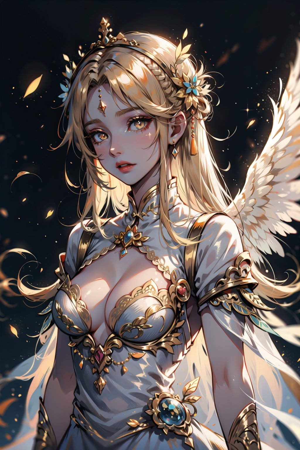 ((cinematic light)), hyper detail, dramatic light, intricate details,(unreal goddess, chinese god, 1 girl, ethereal, golden eyes, himecut_hair, golden particles, white dress with gold wings) dark background covered chest
,1 girl,perfecteyes, 