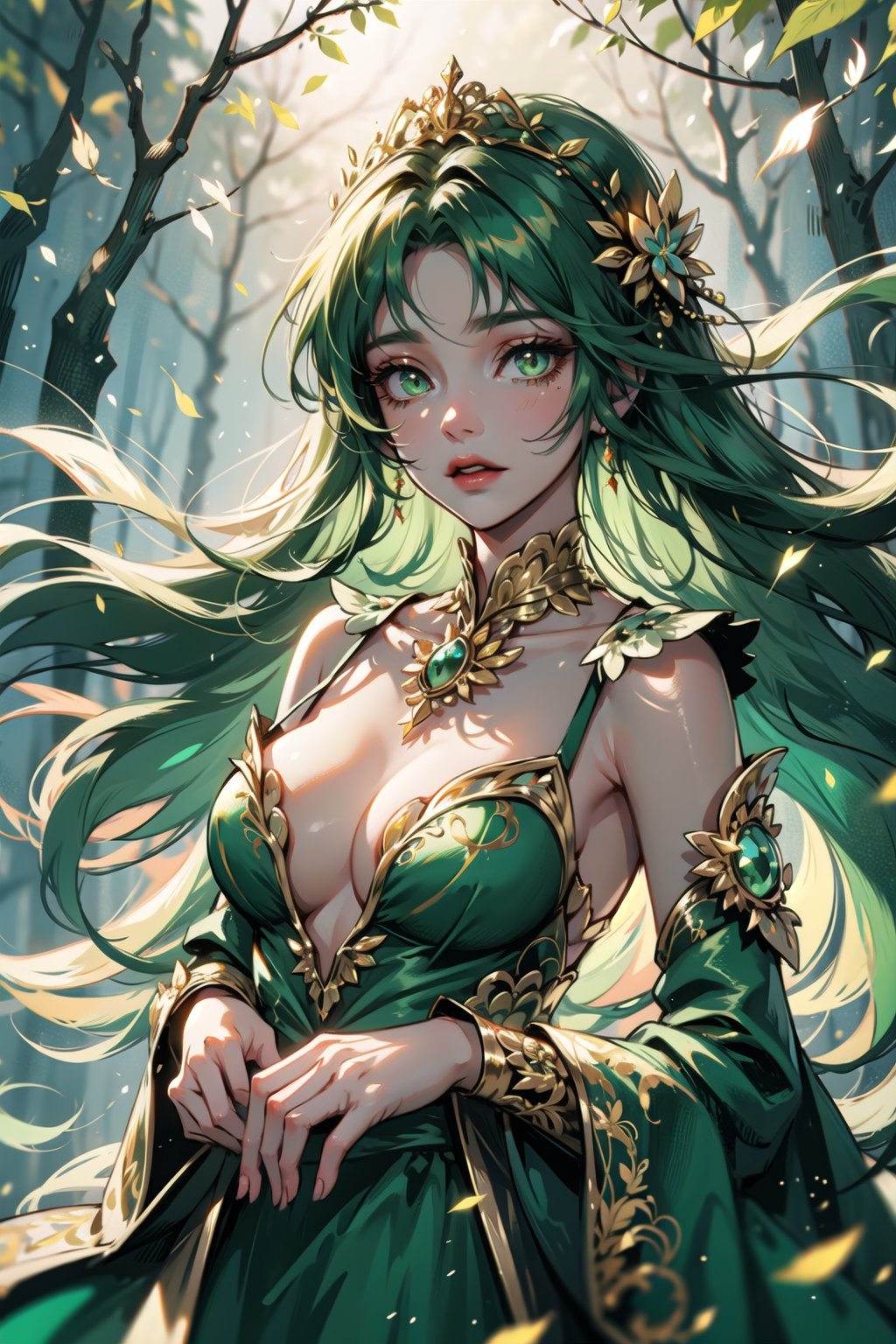 ((cinematic light)), hyper detail, dramatic light, intricate details,(unreal Goddess of the forest, green hair, golden eyes, floral and sparkling dress, floating leaves, gentle and dainty aura, ethereal, golden particles covered chest, perfecteyes