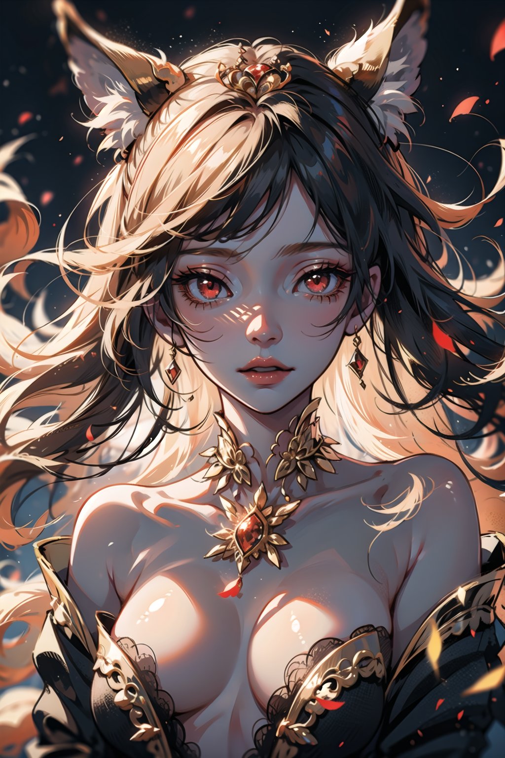 ((cinematic light)), hyper detail, dramatic light, intricate details,(unreal kitsune, 1 girl, ethereal, red eyes, floating hair,, golden particles covered chest, perfecteyes