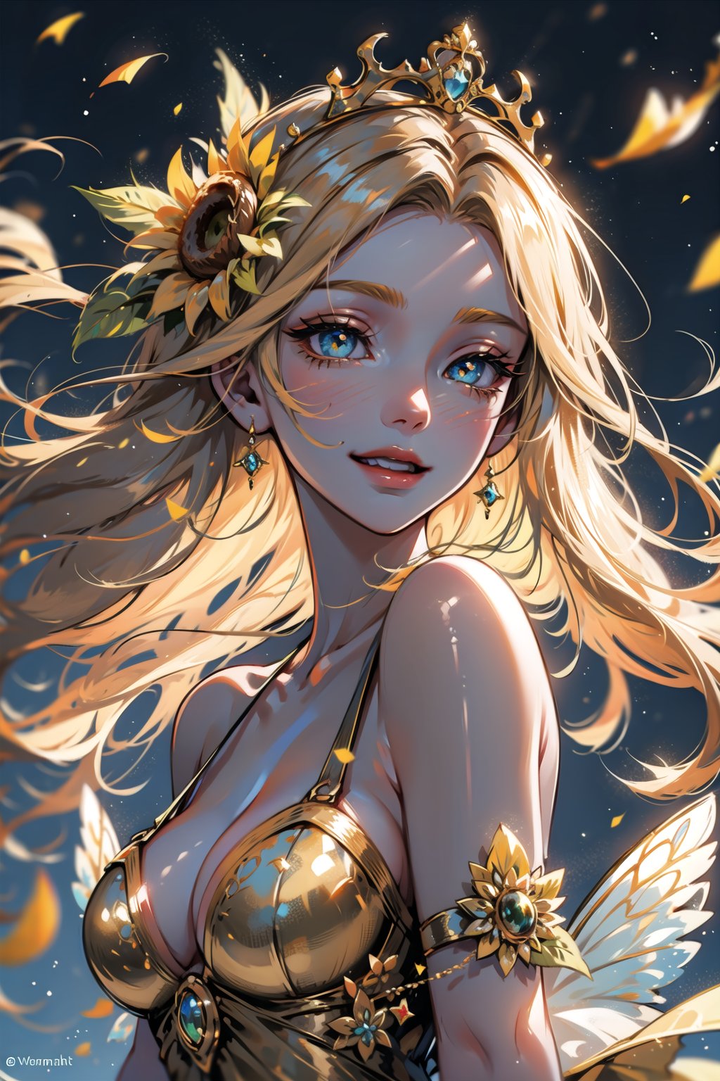 ((cinematic light)), hyper detail, dramatic light, intricate details, (unreal a sunflower fairy, with delicate wings as bright as the sun and a crown of golden petals adorning her head. Her skin is kissed by the sun, with a warm, honey glow that matches her bright, cheerful smile. Her eyes sparkle with the joy of life, and the vibrant yellow of the sunflowers around her seem to come alive in her presence, perfecteyes