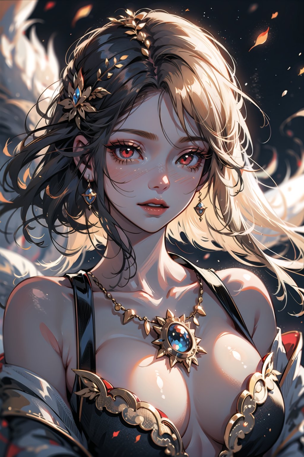 ((cinematic light)), hyper detail, dramatic light, intricate details,(unreal kitsune, 1 girl, ethereal, red eyes, floating hair,, golden particles covered chest
,1 girl,perfecteyes