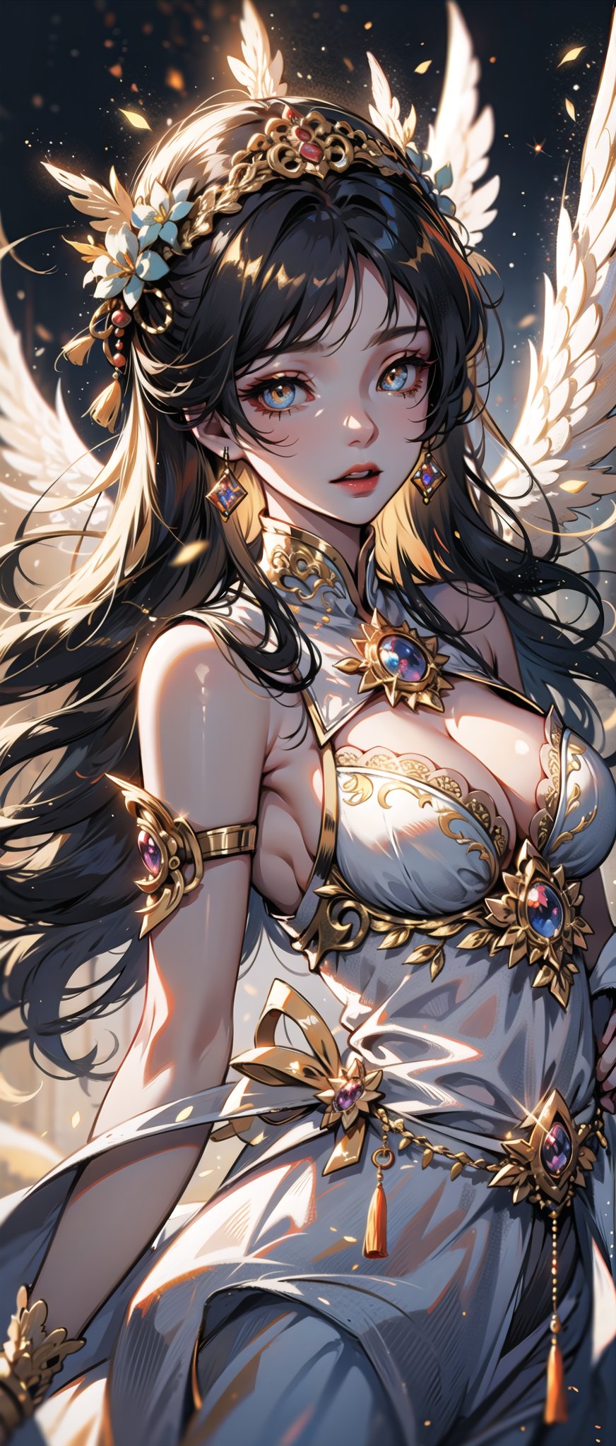 ((cinematic light)), hyper detail, dramatic light, intricate details,(unreal goddess, chinese god, 1 girl, ethereal, golden eyes, golden particles, white dress with gold wings) dark background covered chest
,1 girl,perfecteyes, 