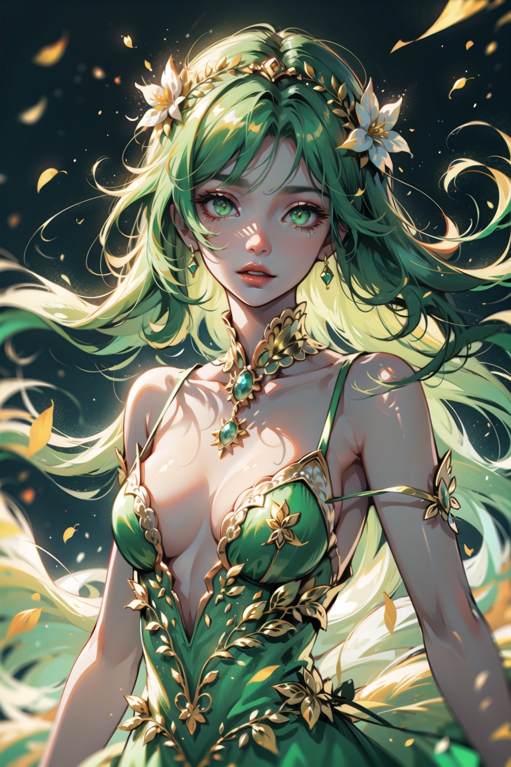 ((cinematic light)), hyper detail, dramatic light, intricate details,(unreal Goddess of the forest, green hair, golden eyes, floral and sparkling dress, floating leaves, gentle and dainty aura, ethereal, golden particles covered chest, perfecteyes, small breasts