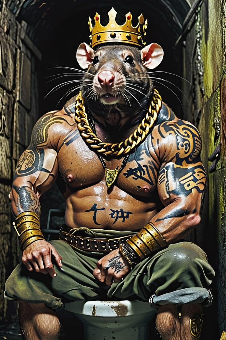 digital art 8k,  a ripped,  muscluar,  humanoid rat sitting on a toilet in a dark damp sewer,  wearing a crown, the rat king is weilding a large sledge hammer over its shoulder. The rat king should have scars, wounds from battle, war tattoos, gold chains around his neck. The rat king should have "kingrat_" text logo tattooed on his arm. "2024" text logo should be tattooed on his other arm.

The rat king should look aggressive and defiant.,band_bodysuit,Movie Still,Text,newhorrorfantasy_style,Ukiyo-e