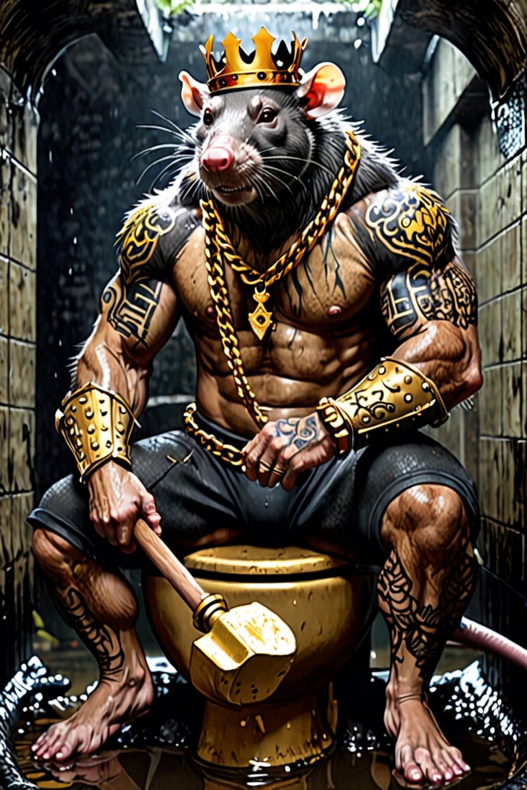 digital art 8k,  a ripped,  muscluar,  humanoid rat sitting on a gold toilet in a dark damp sewer,  wearing a crown, the rat king is holding a large sledge hammer over its shoulder. The rat king should have scars, wounds from battle, war tattoos, gold chains around his neck. The rat king should have "kingrat_" text logo tattooed on his arm. "2024" text logo should be tattooed on his other arm.

The rat king should look aggressive and defiant.,band_bodysuit,Movie Still,Text,newhorrorfantasy_style,Ukiyo-e,monster