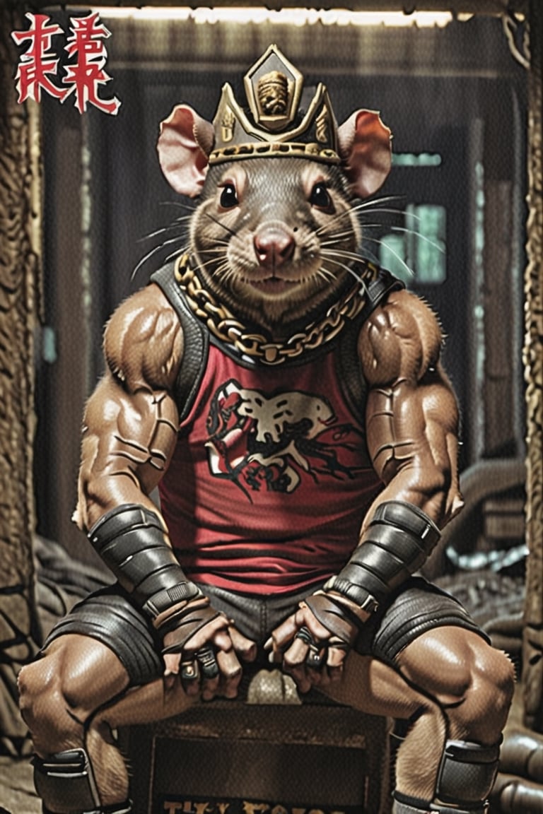 digital art 8k,  a ripped,  muscluar,  humanoid rat sitting on a toilet in a dark damp sewer,  wearing a crown, the rat king is weilding a large sledge hammer over its shoulder. The rat king should have scars, wounds from battle, war tattoos, gold chains around his neck. The rat king should have "kingrat_" text logo tattooed on his arm. "2024" text logo should be tattooed on his other arm.

The rat king should look aggressive and defiant.,band_bodysuit,Movie Still,Text,newhorrorfantasy_style,Ukiyo-e