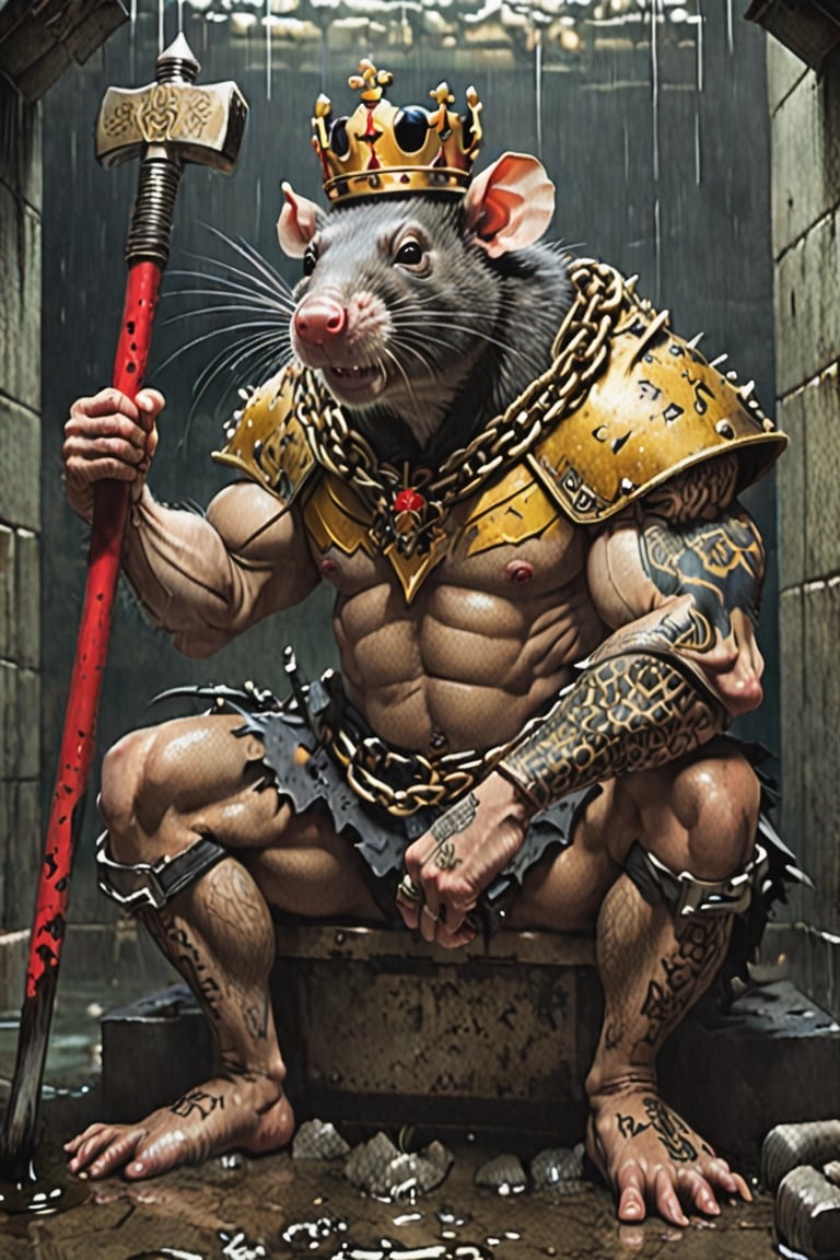 digital art 8k,  a ripped,  muscluar,  humanoid rat sitting on a toilet in a dark damp sewer,  wearing a crown, the rat king is weilding a large sledge hammer over its shoulder. The rat king should have scars, wounds from battle, war tattoos, gold chains around his neck. The rat king should have "kingrat_" text logo tattooed on his arm. "2024" text logo should be tattooed on his other arm.

The rat king should look aggressive and defiant.,band_bodysuit,Movie Still,Text,newhorrorfantasy_style,Ukiyo-e,DonMN1gh7D3m0nXL