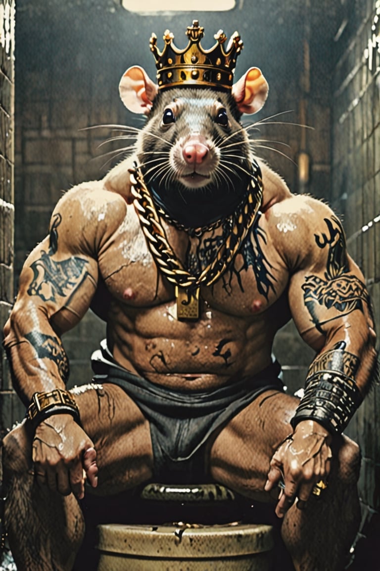 digital art 8k,  a ripped,  muscluar,  humanoid rat sitting on a toilet in a dark damp sewer,  wearing a crown, the rat king is weilding a large sledge hammer over its shoulder. The rat king should have scars, wounds from battle, war tattoos, gold chains around his neck. The rat king should have "kingrat_" text logo tattooed on his arm. "2024" text logo should be tattooed on his other arm.

The rat king should look aggressive and defiant.,band_bodysuit,Movie Still,Text,newhorrorfantasy_style,Ukiyo-e